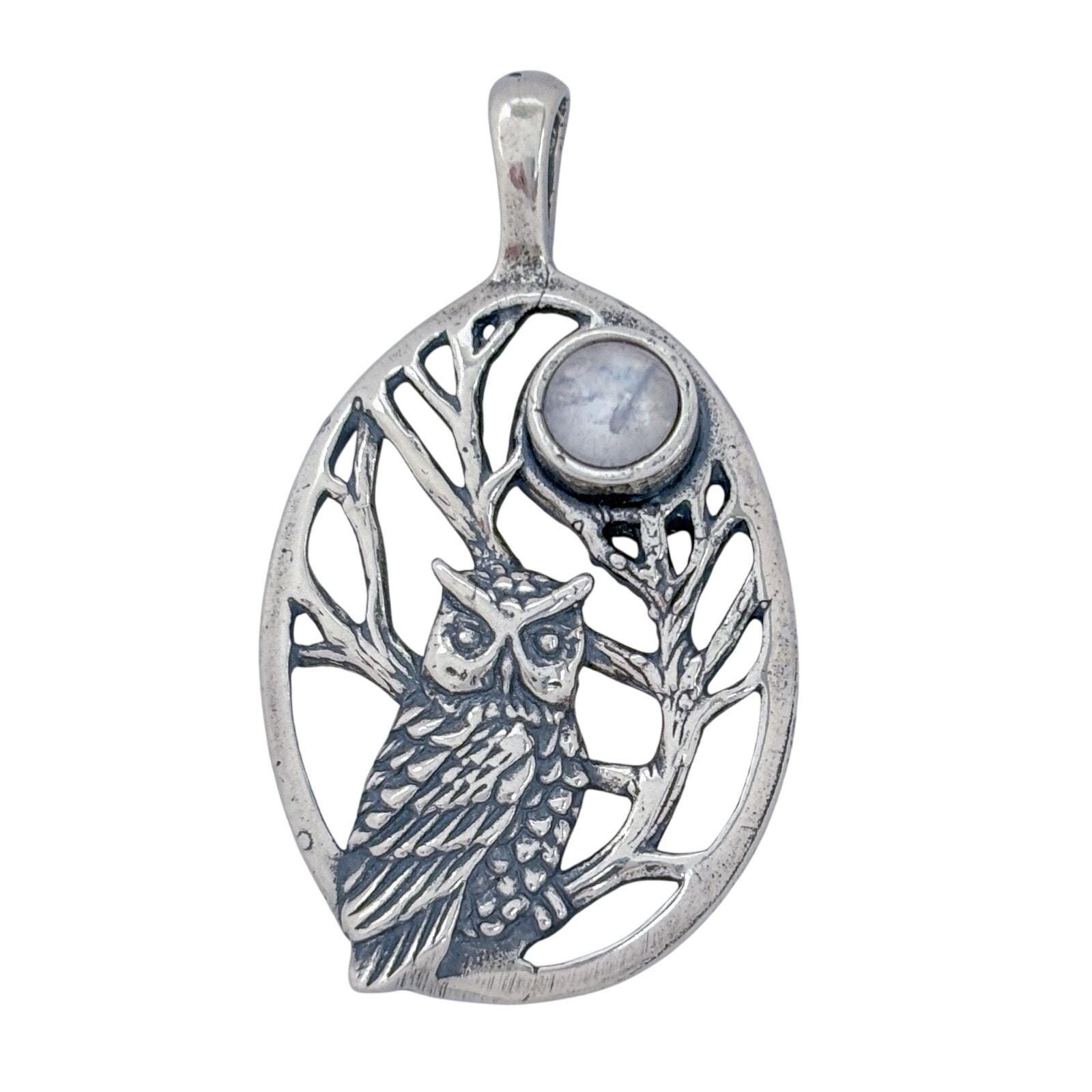 Vintage Sterling Silver 925 Rainbow Moonstone Owl Pendant