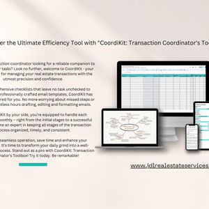 May include: A computer screen displaying a spreadsheet with the text "CoordiKit: Transaction Coordinator's Toolbox!"  The screen is surrounded by other computer screens displaying different types of information, including a mind map and a checklist. The text "www.jdlrealestateservices.com" is displayed at the bottom of the image.