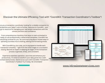 Peut inclure: Un écran d'ordinateur affichant une feuille de calcul avec le texte "CoordiKit: Transaction Coordinator's Toolbox!" L'écran est entouré d'autres écrans d'ordinateur affichant différents types d'informations, notamment une carte mentale et une liste de contrôle. Le texte "www.jdlrealestateservices.com" est affiché en bas de l'image.
