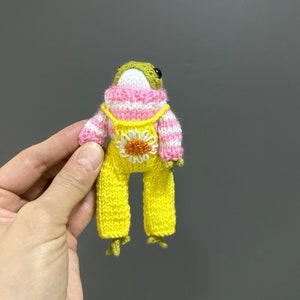 Froggie frog crochet,Green frog knitted,Daisy Embroidered Jumpsuit,Cute toy frog,Amigurumi frog,Gift for christmas,Gift for birthday,Toys