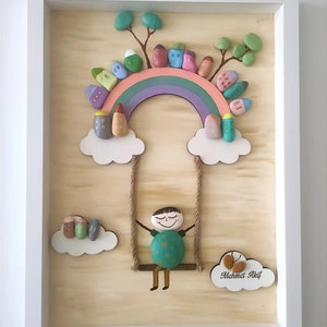 Personalized Wall Art,Natural Stone Painting,Stone Art,Kids Room Decoration,Stone Painting on Wood,Pebble Art,Original Gift,Customized Gift