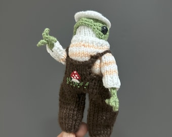 Crochet Frog: Organic Cotton Amigurumi with Embroidered Mushroom Jumpsuit