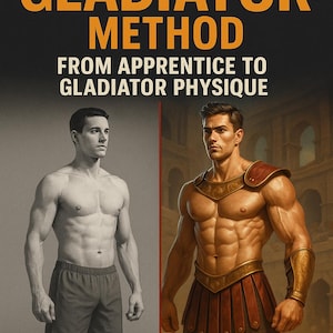 Op de afbeelding: Afbeelding ter promotie van het fitnessprogramma "The Gladiator Method". De tekst is in oranje en wit. Het toont een voor-en-na-vergelijking van het lichaam van een man, van niveau 1 tot Gladiator. De tekst onderaan luidt "Alleen een optrekstang of ringen nodig."