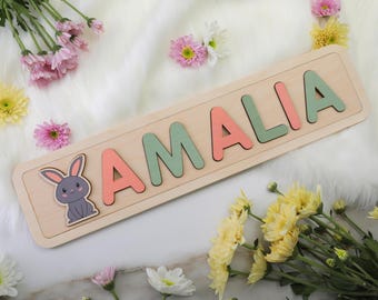 Personalized Christmas Gift | Personalized Puzzle With Bunny | Wooden Toys | Custom Name Sign | Christmas for Baby Boys and Girls Gifts