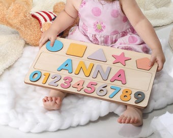 Personalized Wooden Name Puzzle with Numbers, Christmas Present for Children, Custom Birthday Gift Baby Girls and Boys, Early Learning Toy