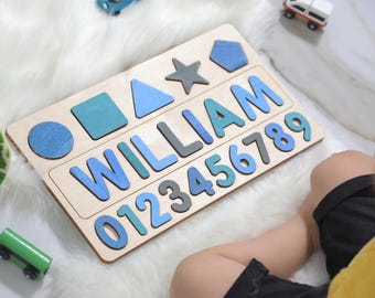 Christmas Gift for Kids |  Wooden Name Puzzle with Numbers and Shapes | Personalized Gift for Christmas |  Wooden Toys | Baby Name Puzzle