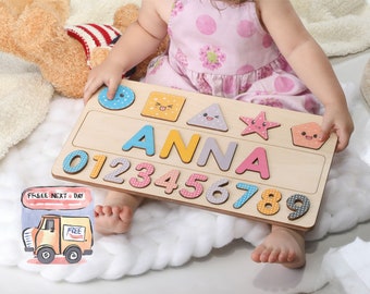 Personalized Wooden Name Puzzle with Numbers, Christmas Present for Children, Custom Birthday Gift Baby Girls and Boys, Early Learning Toy