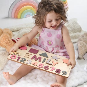 Wooden Name Puzzle with Numbers and Shapes | Valentine&#39;s Day Gift for Kids | Personalized Gift for Girls |  Wooden Toys | Baby Name Puzzle