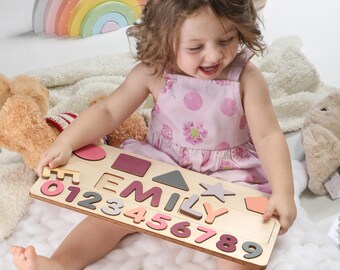 Wooden Name Puzzle with Numbers and Shapes | Valentine's Day Gift for Kids | Personalized Gift for Girls |  Wooden Toys | Baby Name Puzzle