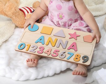 Personalized Wooden Name Puzzle with Numbers, Christmas Present for Children, Custom Birthday Gift Baby Girls and Boys, Early Learning Toy