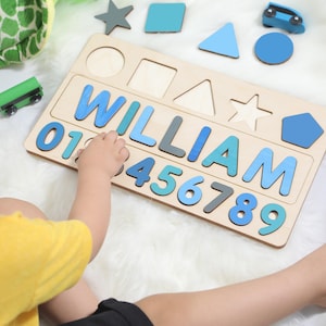 Casse-tête avec nom personnalisé avec formes, cadeau personnalisé pour un premier anniversaire de bébé, jouet Montessori pour enfant, casse-tête avec nom en bois, cadeau de Noël unique