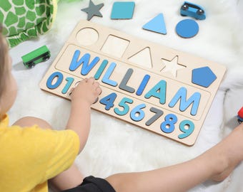 Custom Name Puzzle With Shapes, Personalized Baby Gift for 1st Birthday, Montessori Toy for Child, Wooden Name Puzzle, Unique Christmas Gift
