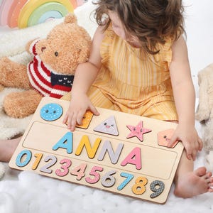 Algebraic Wooden Name Puzzle, Preschool Puzzle Toys for Girls, Personalized Name and Number Puzzle, Educational Puzzle for Learning Shapes