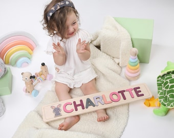 Name Busy Puzzle | Personalized Puzzle With Bunny | 1st Birthday Baby Girl | Easter Gifts | Wooden Toys | Custom Name Sign