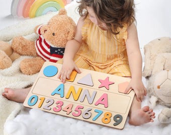 Casse-tête algébrique avec prénoms en bois, casse-tête d'âge préscolaire pour filles, casse-tête personnalisé avec noms et chiffres, casse-tête éducatif pour apprendre les formes