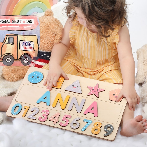 Algebraic Wooden Name Puzzle, Preschool Puzzle Toys for Girls, Personalized Name and Number Puzzle, Educational Puzzle for Learning Shapes