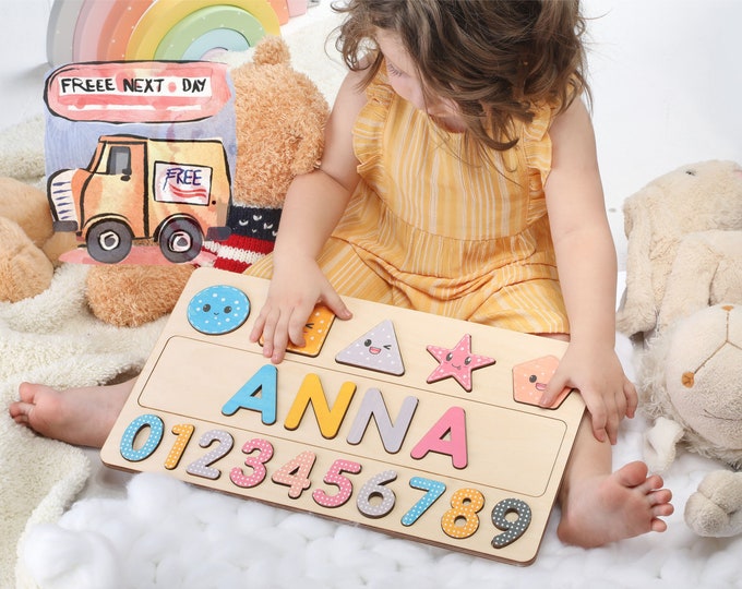 Algebraic Wooden Name Puzzle, Preschool Puzzle Toys for Girls, Personalized Name and Number Puzzle, Educational Puzzle for Learning Shapes