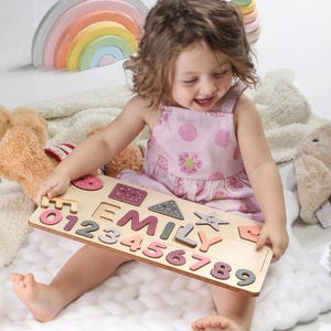 Wooden Name Puzzle with Numbers and Shapes | Valentine&#39;s Day Gift for Kids | Personalized Gift for Girls |  Wooden Toys | Baby Name Puzzle