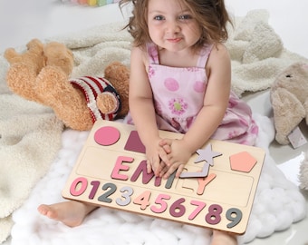 Personalized Baby Gift, First Birthday Gift, New Born Baby Gift, Custom Wooden Name Puzzle with Shapes, Baby Shower Gift, Toy with Butterfly