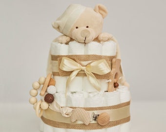 Torta di pannolini DODOT | Torta di pannolini per bambini | Regalo originale per neonato | Regalo unisex per bambini | Modello Orsetto Beige