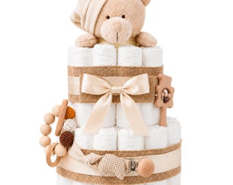 Torta di pannolini a pois | Torta di pannolini per neonati | Regalo originale per neonati | Regalo unisex per neonati | Modello orsetto beige