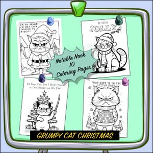 Peut inclure: Un ensemble de 10 pages à colorier imprimables mettant en scène des chats grincheux dans divers scénarios sur le thème de Noël. Les pages comprennent des phrases comme "Je suis tellement grincheux, je ne me parle même pas !" et "Est-ce que c'est assez joyeux ?"