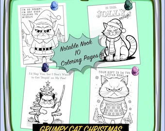 Grumpy Cat Christmas Coloring Pages in One PDF Digital Download; 10 Simple and Fun Images to Celebrate a Feline's Feliz Navidad.