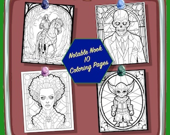 Stained Glass Halloween Horror Coloring Pages for Youth and Adults. 10 Fun Images with a Creepy Vibe to Thrill and Entertain. So Fun!