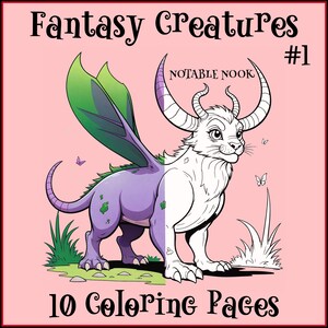 Könnte beinhalten: Ein Malbuch mit einer lila und grünen Fantasie-Kreatur mit Flügeln und Hörnern. Das Buch trägt den Titel "Fantasy Creatures #1" und enthält 10 Malvorlagen. Das Bild ist eine halb kolorierte Illustration der Kreatur.