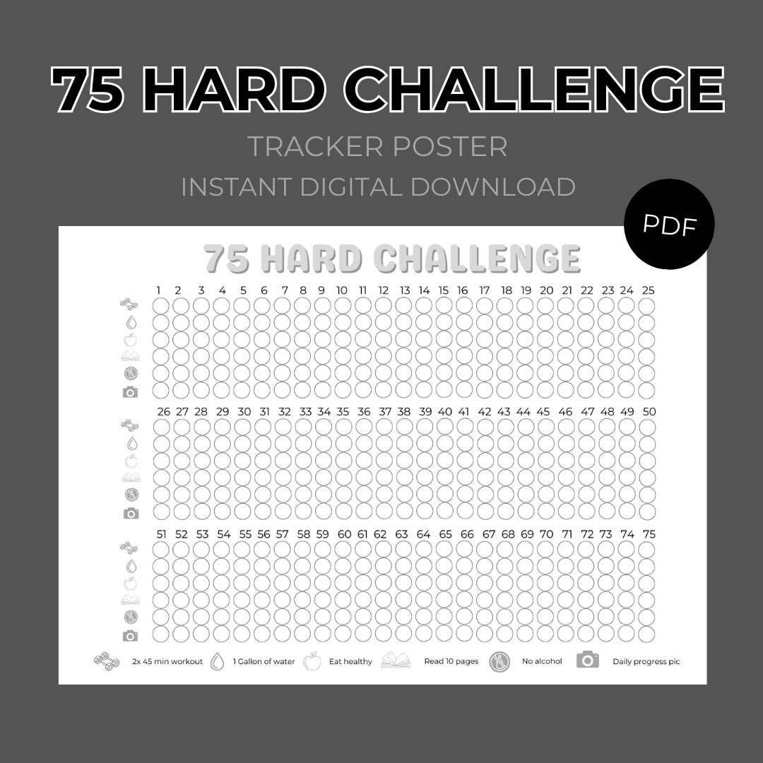 75 Hard Challenge Tracker, Printable Digital Download, 75 Hard, Tik Tok