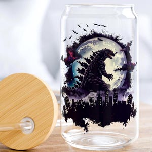 Godzilla Sipper Glass, Godzilla Drinkware, Monster Glass, Godzilla Gifts, 16oz, Godzilla Cup, Gift for Godzilla Fans, Monster Print