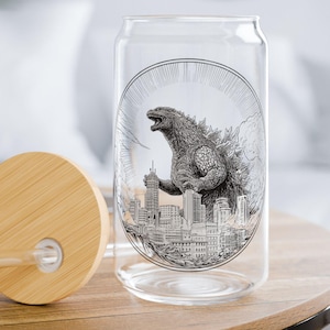 Godzilla Sipper Glass, 16oz, Godzilla gift, Anime Gift, Monster Decor, Old Movie Print, Japanese Style, Monster glass, Godzilla Glass Sipper