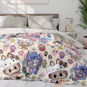 Manta polar Labubu, regalo Labubu, anime para niños, manta de anime, manta de peluche Labubu, decoración de dibujos animados, accesorio Labubu, Lafufu, kawaii