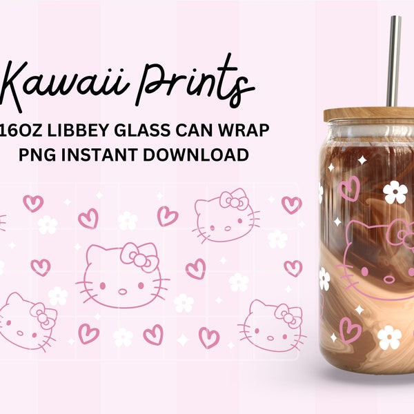 Cute Chibi Cat Sparkles and Flowers 16oz Libbey Wrap png| Instant Download PNG File| Spring Trendy Wraps