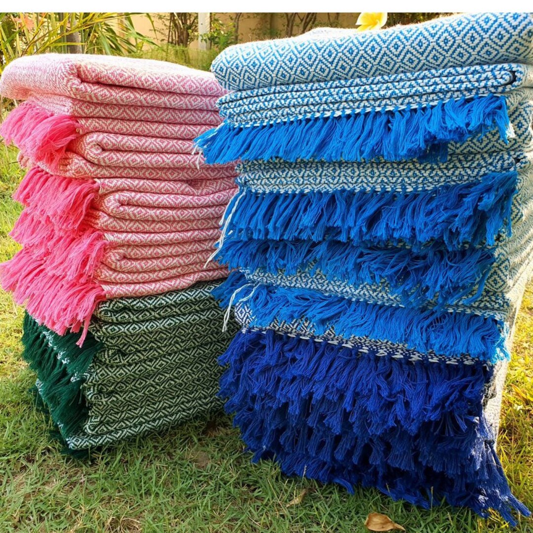 Hand Woven Cotton Blanket, Farmhouse Decor, Neutral Thai Cotton Throw