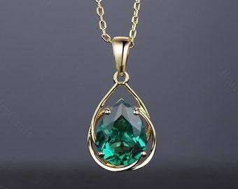 Pear Cut Emerald Necklace: Yellow Gold Pendant, Custom Jewelry