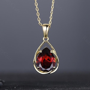 Pear Garnet 14K Gold Necklace: Handmade Custom Pendant, Gift for Mom