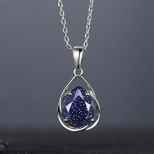 14k Gold Blue Sandstone Necklace, Dainty Teardrop Starry Night Pendant, Celestial Blue Gemstone Jewelry, Birthday Gift for Mom Wife