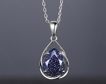 Pear Cut Blue Sandstone Pendant Necklace: Sterling Silver Gift