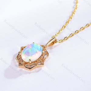 14k Gold Opal Necklace: Sterling Silver Oval White Fire Opal Pendant