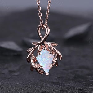 Art Deco Kite Opal Necklace: 14K Gold Olive Leaf Pendant