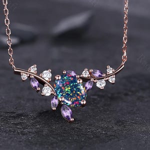 Rose Gold Vine Black Fire Opal Necklace: Amethyst Accent, October Birthstone
