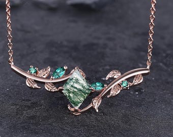Moss Agate Pendant Necklace, Rose Gold Branch Leaf, Handmade