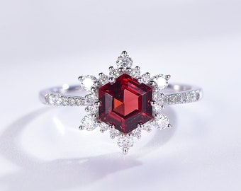 Hexagon cut red garnet ring vintage Snowflake Gemstone amethyst unique engagement ring women January birthstone wedding promise gift for her