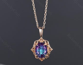 Collar con colgante de alejandrita de 1,5 quilates con corte de fuegos artificiales, piedra natal de junio en oro rosa, collar de filigrana hecho a mano para mujer, joyería vintage para mujer.