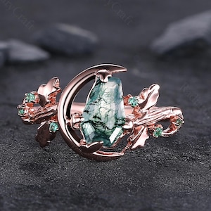 Vintage Moss Agate Engagement Ring: Rose Gold Art Deco Bridal Set