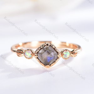 Cushion Labradorite engagement ring Unique Yellow gold engagement ring round Vintage white fire Opal wedding ring Bridal Anniversary Gift