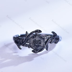Hexagon Black Rutilated Quartz Ring: Gothic 925 Silver Black Rhodium