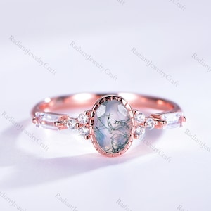 Moss Agate Engagement Ring: Art Deco Sterling Silver Leaf Ring