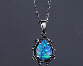 Natural inspiration pear blue opal necklace Black gold blue opal necklace Unique blue opal pendant Custom blue opal pendant Gift for her